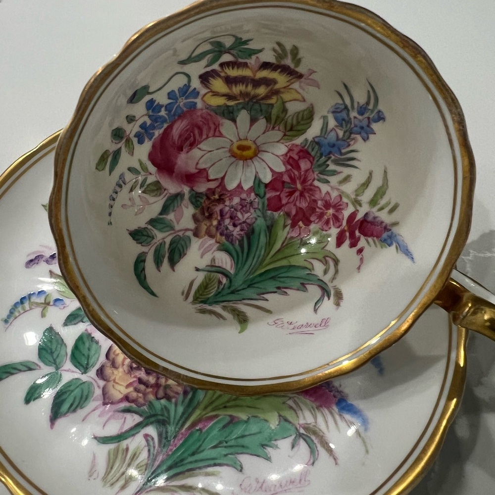 Rare- Royal Chelsea English Bone China Floral Teacup and Saucer with Gold Trim